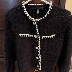 White House Black Market Black tweed sweater jacket, cream trim.